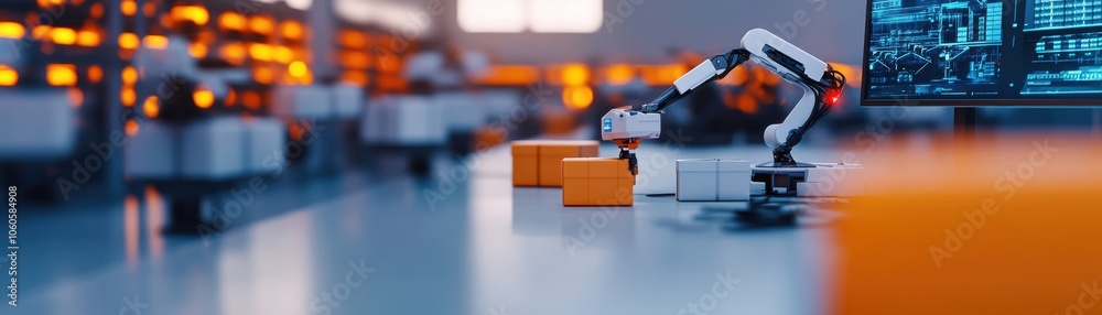 A modern robotic arm working in a warehouse environment, highlighting automation and efficiency in logistics operations. A modern robotic arm working in a warehouse environment, highlighting automation and efficiency in logistics operations.
