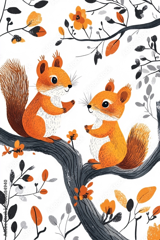 Fototapeta premium Two squirrels communicate playfully among vibrant autumn leaves on a tree branch in a whimsical nature scene