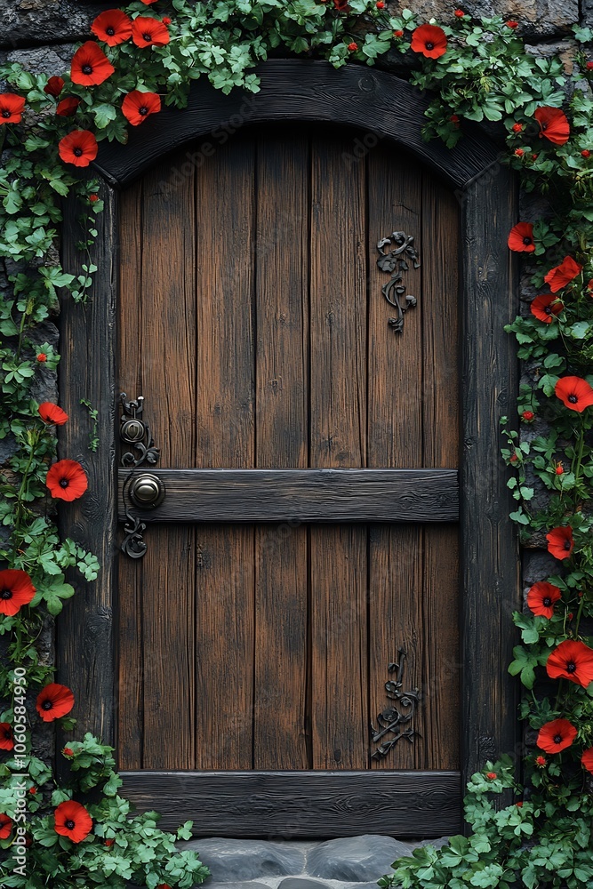 A rustic wooden door framed by vibrant red flowers a hidden gateway to nature's beauty and mystery A rustic wooden door framed by vibrant red flowers a hidden gateway to nature's beauty and mystery