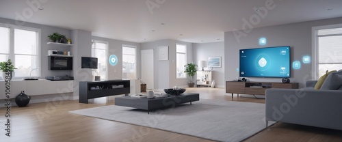 illustrate the concept of the Internet of Things with an image of a smart home, featuring various connected devices and appliances shot from a low angle with a wide-angle lens