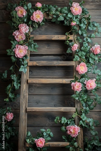 Charming rustic wooden ladder adorned with delicate pink flowers and green vines creating a cozy natural aesthetic