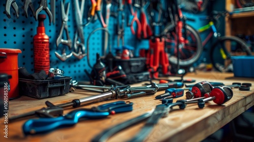 The workbench equipped with a variety of specialized bike tools for more advanced repairs. photo