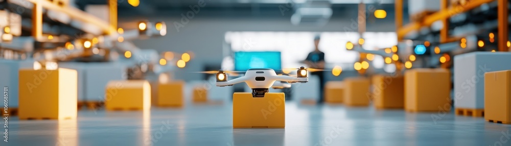 Fototapeta premium A modern drone sits on a yellow box in a high-tech warehouse, showcasing advanced technology and innovation in logistics.