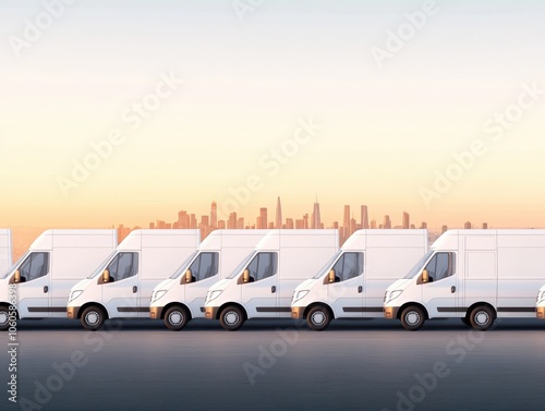 A lined-up fleet of delivery vans against a serene sunset skyline, showcasing modern transportation and urban logistics.