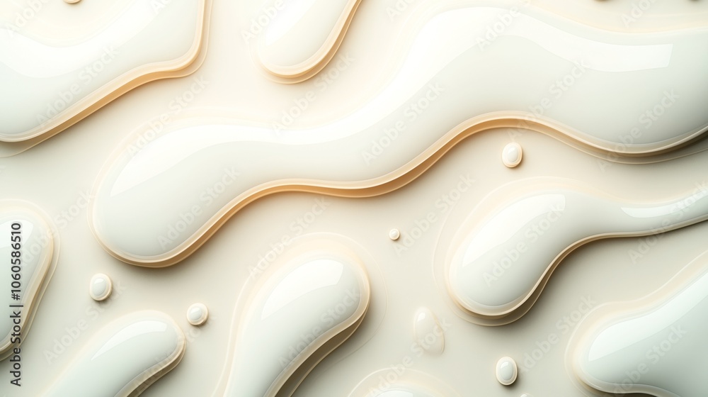 Abstract background with smooth, layered cream-colored liquid shapes and small droplets creating a flowing pattern on the surface. Abstract background with smooth, layered cream-colored liquid shapes and small droplets creating a flowing pattern on the surface.