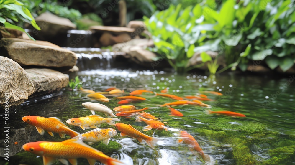 Colorful koi fish swimming in a tranquil pond with lush greenery and rocks. Colorful koi fish swimming in a tranquil pond with lush greenery and rocks.