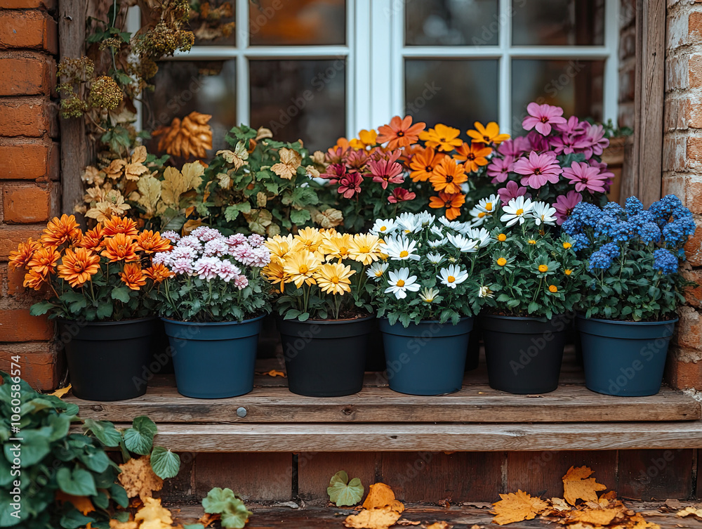 Fototapeta premium Windowsill of colorful potted mums