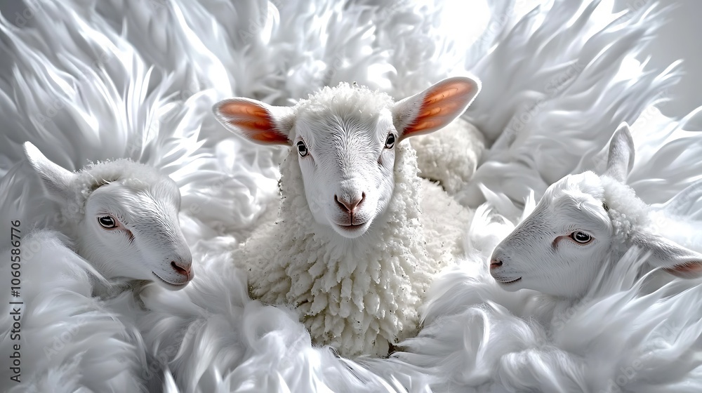 Fototapeta premium Three White Lambs in Fluffy Fur