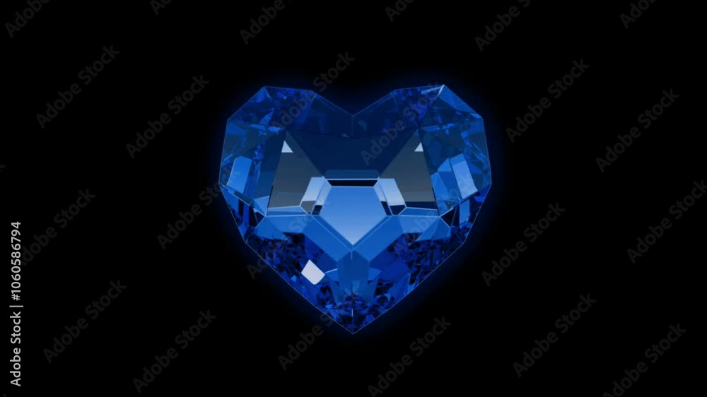 Animation blue gem heart shape on black background.