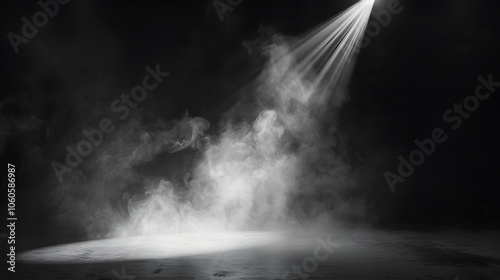 scenic spot light shines on black smoky stage highlighted by white, png