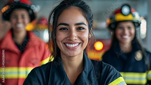 A young woman in a fire department uniform smiles confidently while standing with another firefighter