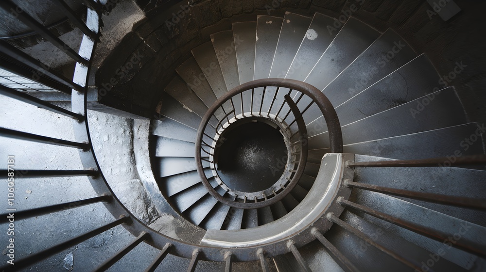 Fototapeta premium Worn stone spiral staircase with rusted railing in dimly lit basement