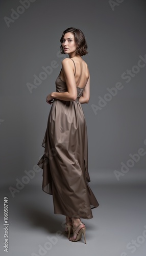 Elegant young woman in taupe gown posing with back turned against gray background

