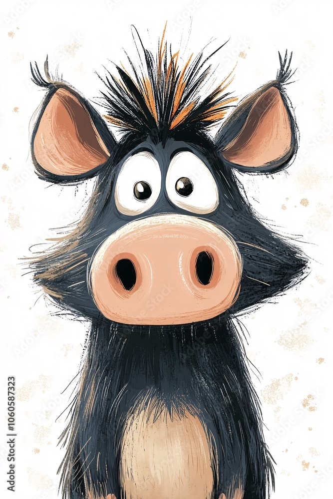 Obraz premium Whimsical cartoon boar expresses surprise with big eyes and fluffy fur in playful artwork for kids