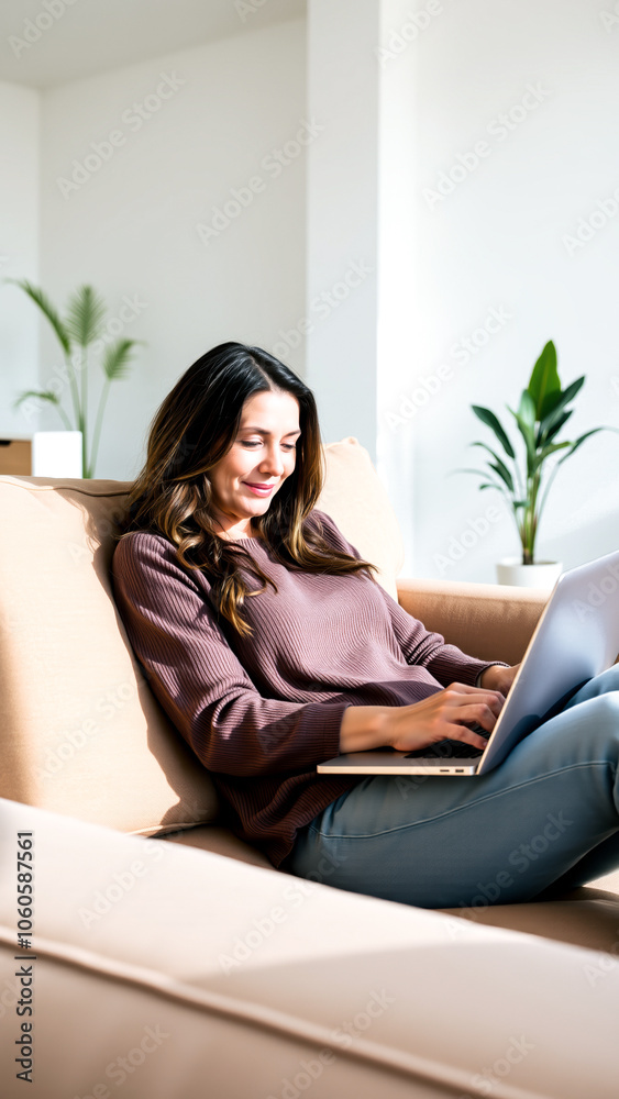 woman focused on her laptop a sunlit living room woman focused on her laptop a sunlit living room