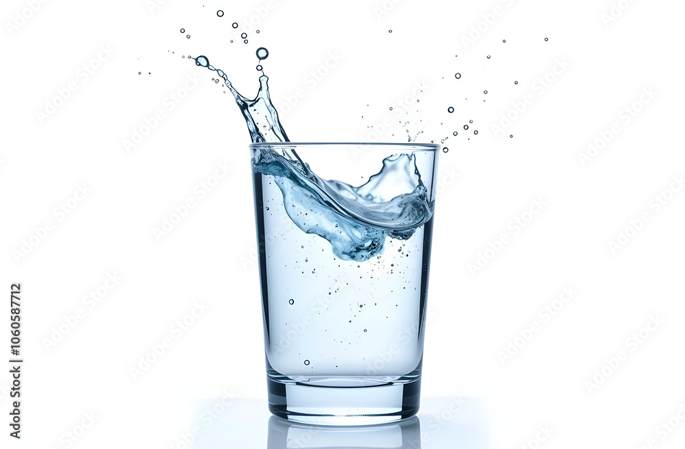 A glass of water with splashes of white background, isolated object A glass of water with splashes of white background, isolated object