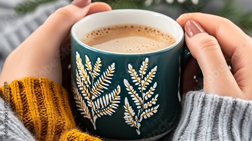 Woman s Hands Holding a Cup of Coffee with Foamy Top and Floral Pattern photo