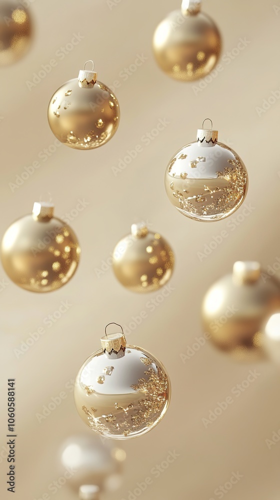 Floating golden Christmas balls on beige background Floating golden Christmas balls on beige background
