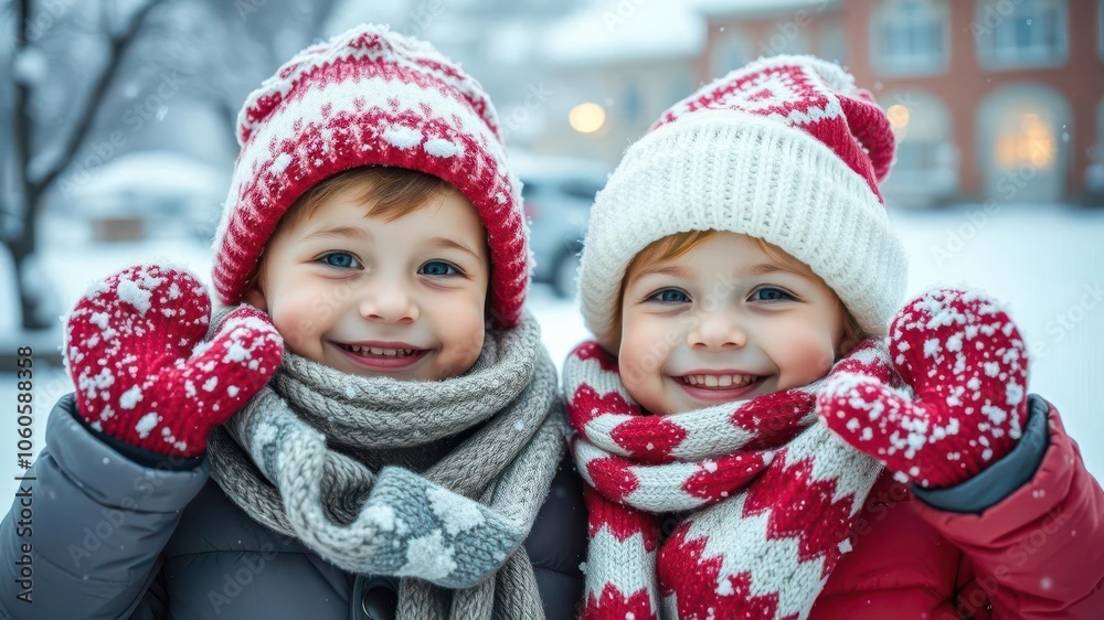 A young child happily playing with a snowman in a snowy field, snowfall, cute A young child happily playing with a snowman in a snowy field, snowfall, cute