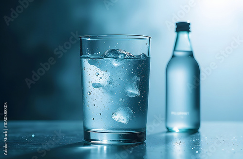 A glass of cold clean water with ice cubes next to a misted bottle