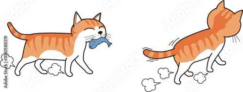 魚をくわえて、嬉しそうに歩く猫(茶トラ)