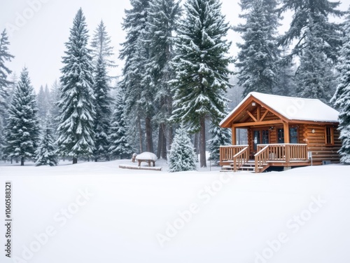 A winter wonderland scene with snow-covered pine trees and a cozy cabin in the background, set against a backdrop of gently falling snow, woods, holiday