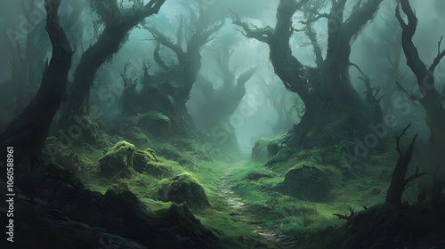 Mysterious Path through Foggy Forest