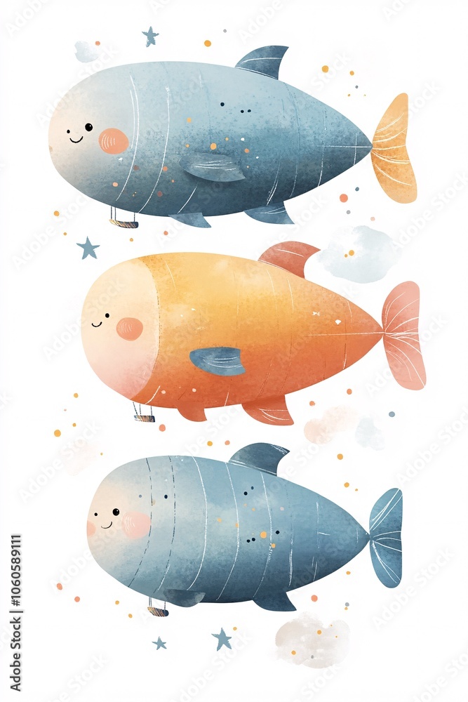 Naklejka premium Cute cartoon fish balloons swim playfully through the sky while delighting viewers with their adorable expressions and soft colors