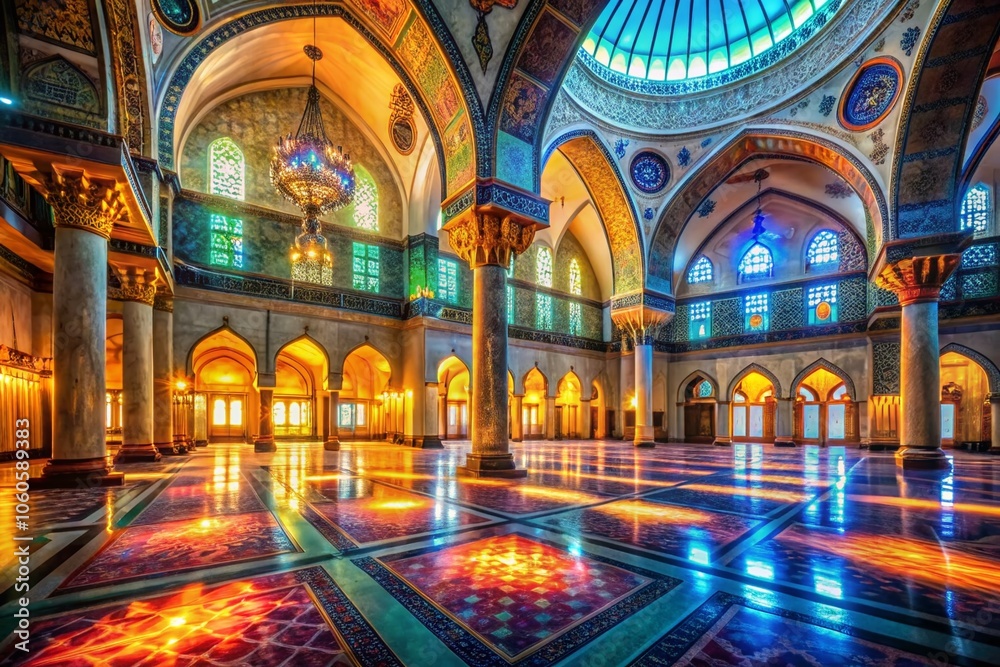 Fototapeta premium Illuminated Serenity: Double Exposure of Mosque Interior with Expansive Windows and Magical Light Captured with 24mm Lens for Tranquil Atmosphere and Spiritual Essence