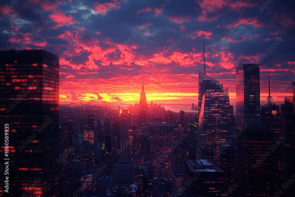 Fototapeta premium Skyscrapers Glowing with City Lights at Sunset