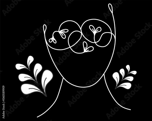 Line arte rosto com folhas, trabalho ilustrativo vetorial preto e branco