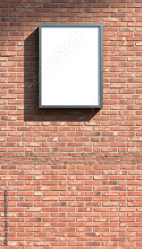 Blank advertising A1 poster billboard on brick wall isolated with white highlights, png