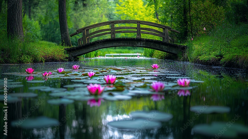 Fototapeta premium Pond with Lily Pads and Wooden Bridge in a Forest Glade