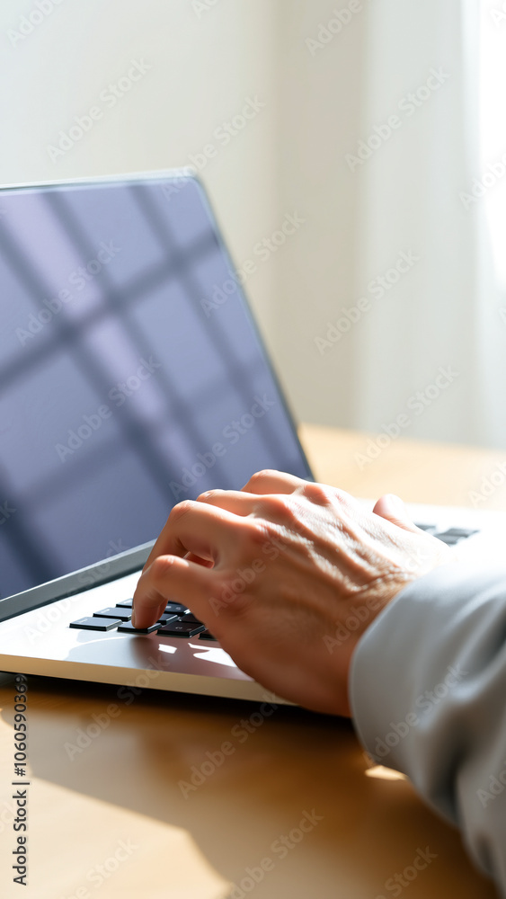 Fototapeta premium hand typing on a laptop with a window reflection