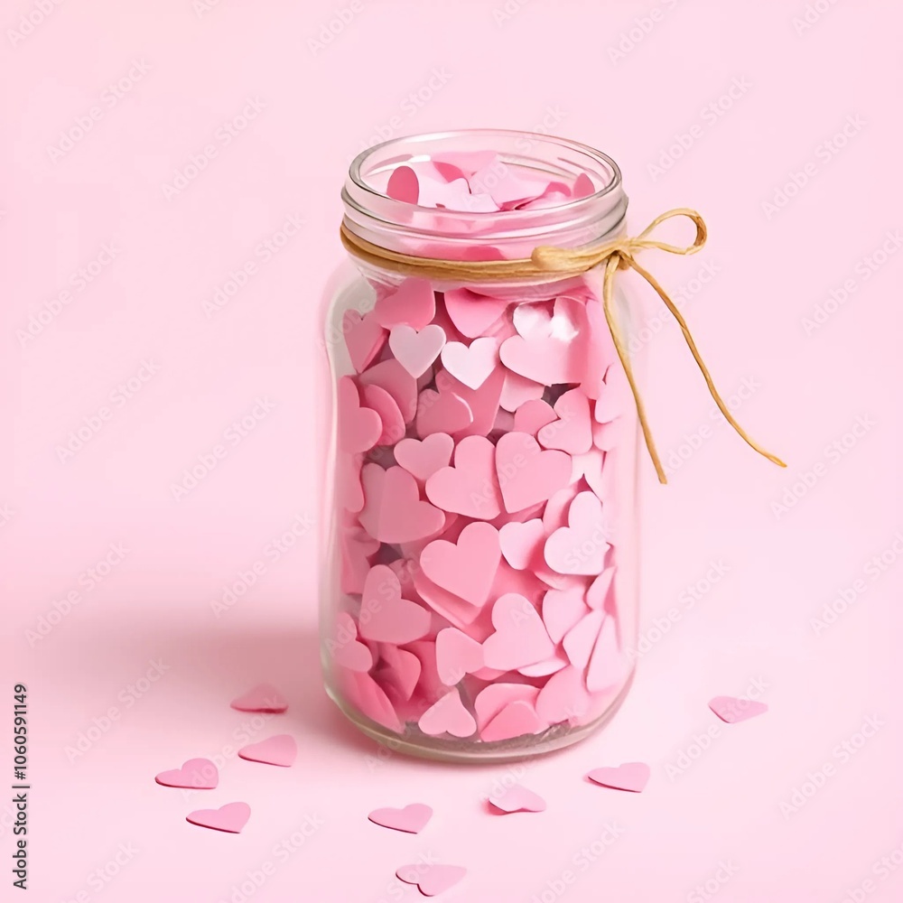 pink confetti in a glass jar on a pink background pink confetti in a glass jar on a pink background