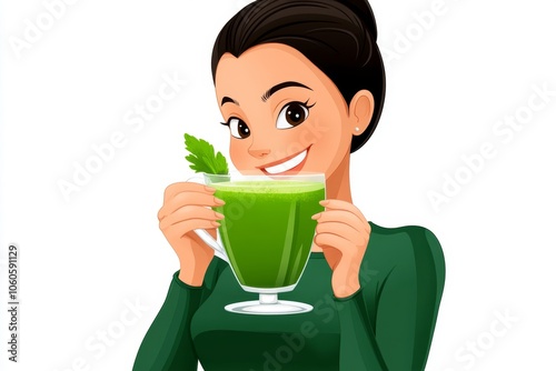 a 2D cartoon illustration of a person drinking green juice for detoxifying fresh and healthy white background photo