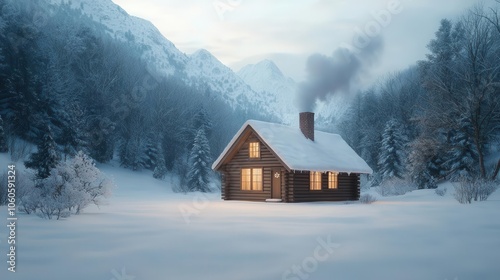 Snowcovered cabin in the woods with smoke rising from the chimney, cozy winter retreat. 8k, in focus, realistic texture, copy space for text