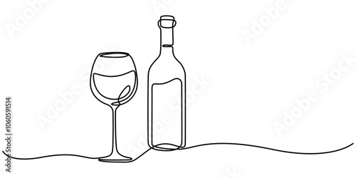 Wine bottle and wine glass drawing with one continuous line. One continuous line of a bottle and wine glass. Vector illustration., A bottle of wine and a glass icon line continuous drawing vector. 