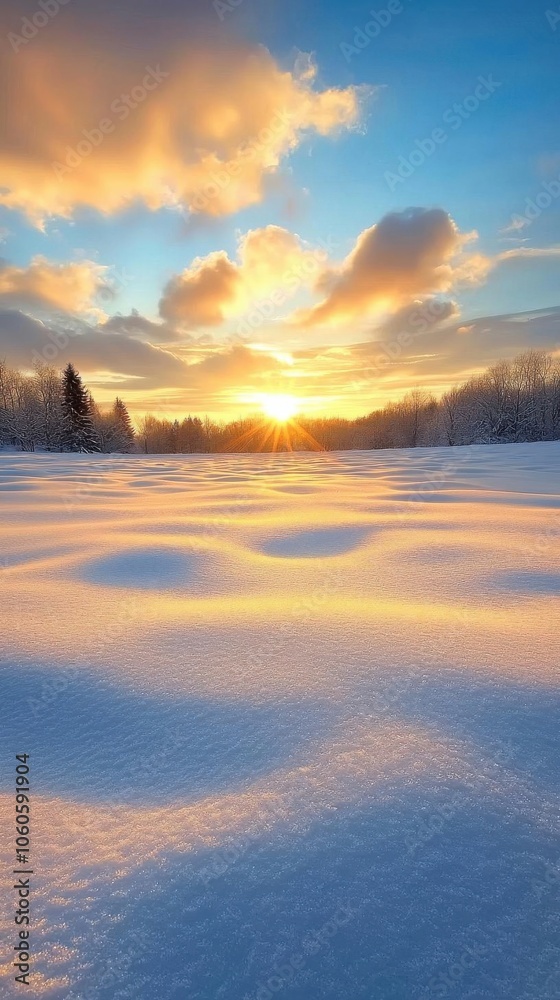 Winter sunset over a snowcovered field, golden light illuminating the landscape. 8k, in focus, realistic texture, copy space for text Winter sunset over a snowcovered field, golden light illuminating the landscape. 8k, in focus, realistic texture, copy space for text