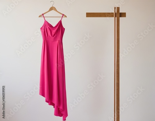 Elegant pink dress hanging on a wooden rack against a neutral background.