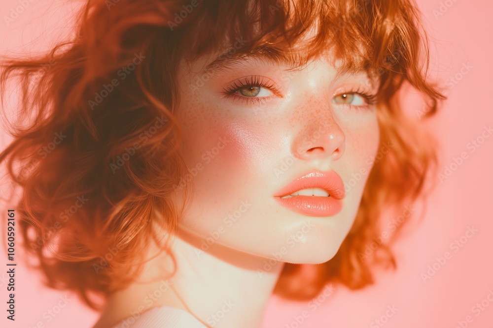woman with foxy layered haircut and glowing, dewy makeup, highlighting a soft, radiant complexion, subtle shimmer on eyelids, and a glossy neutral lip