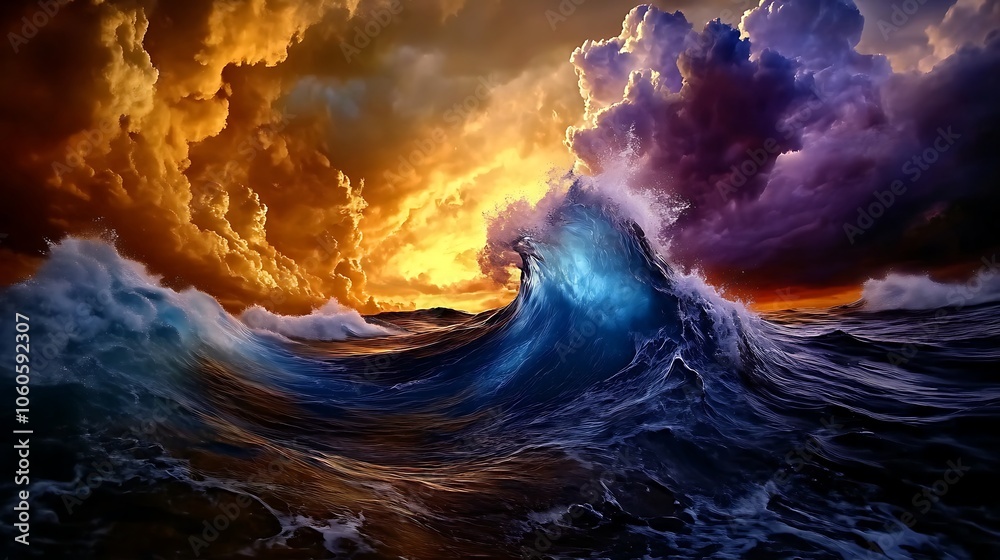 Fototapeta premium Dramatic Ocean Wave with Sunset Clouds