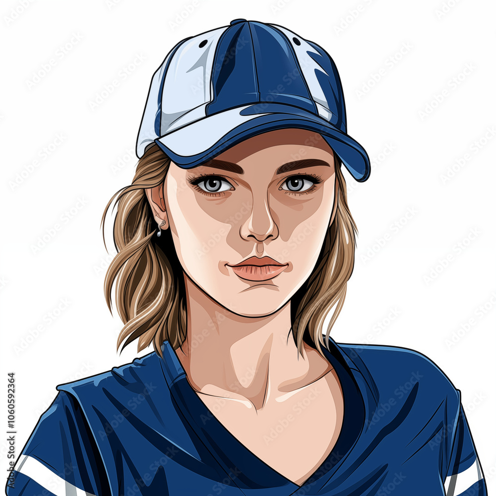 A young woman in a blue cap and jersey poses confidently for a team photo A young woman in a blue cap and jersey poses confidently for a team photo