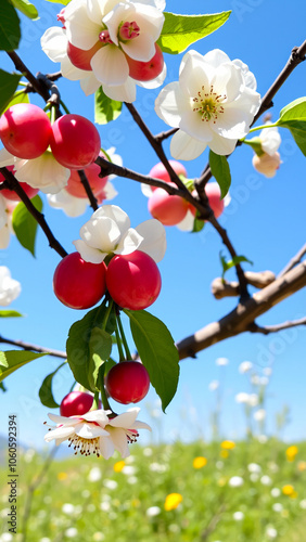 red fruits white blossoms on a tree branch