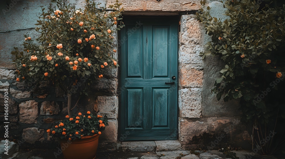 Fototapeta premium Rustic Stone Wall with Blue Wooden Door and Orange Flowers