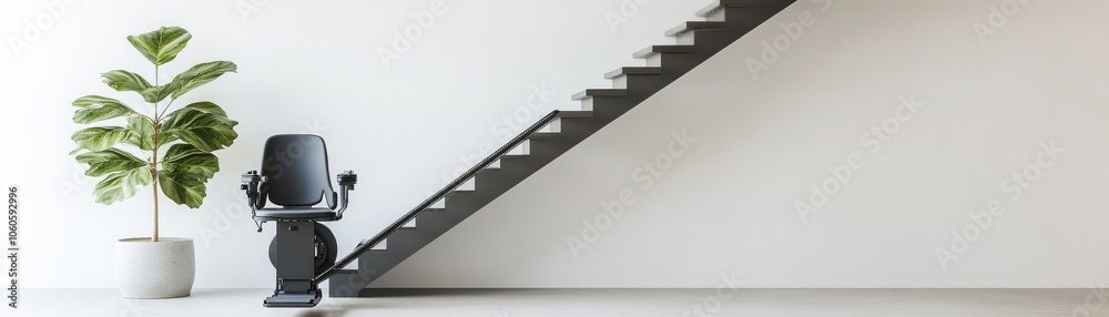 A modern interior featuring a sleek stairlift beside a decorative plant and minimalist staircase, ideal for accessibility design. A modern interior featuring a sleek stairlift beside a decorative plant and minimalist staircase, ideal for accessibility design.