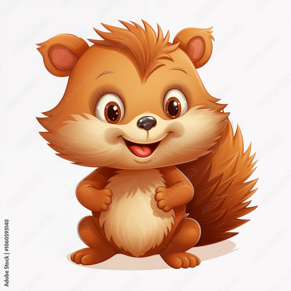 A cheerful cartoon squirrel with a fluffy tail sitting happily in a playful pose A cheerful cartoon squirrel with a fluffy tail sitting happily in a playful pose