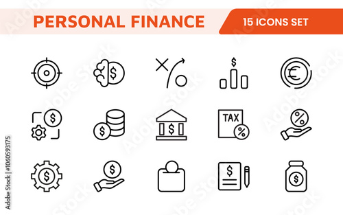 Personal Finance Icon Set. Sleek and intuitive icons for budgeting; saving; and investing; perfect for financial apps; tools; and websites to empower users in managing their money effectively.