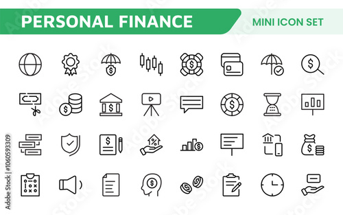 Personal Finance Icon Set. Sleek and intuitive icons for budgeting; saving; and investing; perfect for financial apps; tools; and websites to empower users in managing their money effectively.