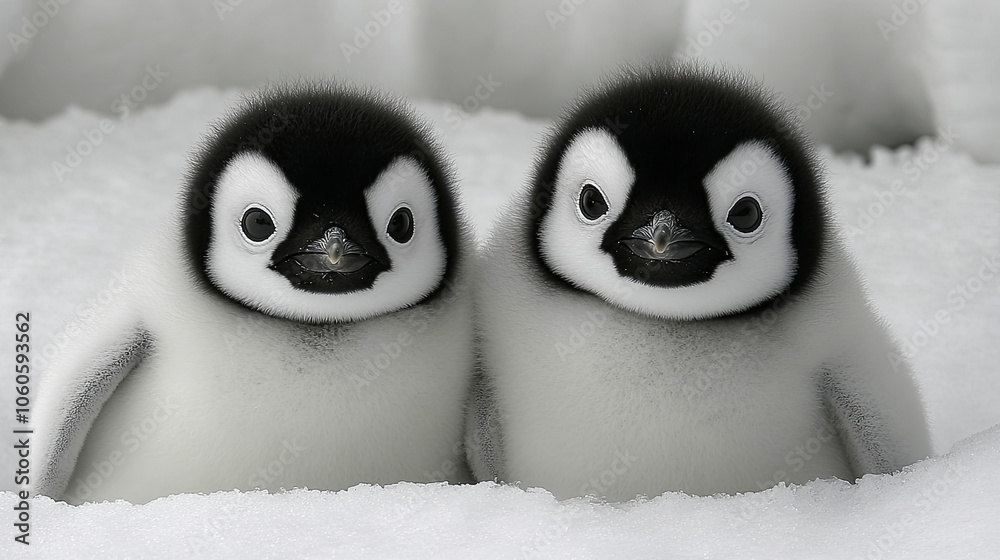 Obraz premium Two Young Penguin Chicks Huddle Together in the Snowy Landscape of Antarctica, Showcasing Their Fluffy Plumage and Curious Expressions